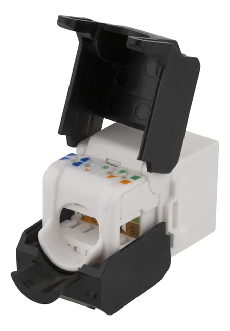 Cat6A Keystone jack, toolless clamp termination